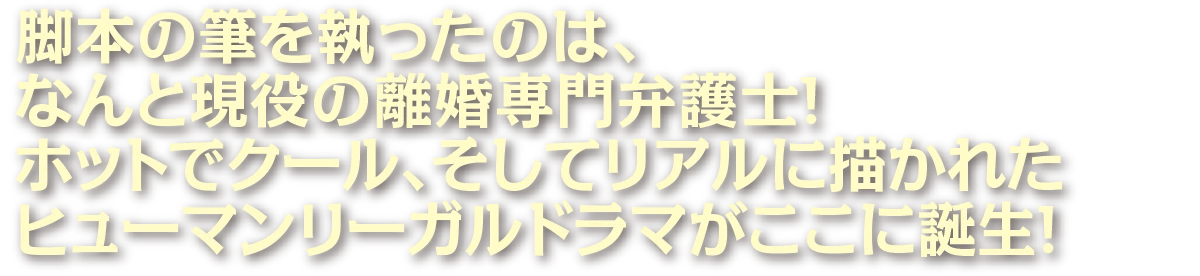 脚本の筆を執ったのは、なんと現役の離婚専門弁護士！ホットでクール、そしてリアルに描かれたヒューマンリーガルドラマがここに誕生！