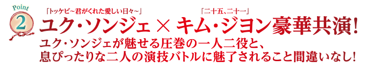 Point2　「トッケビ～君がくれた愛しい日々～」ユク・ソンジェ × 「二十五、二十一」キム・ジヨン豪華共演！ユク・ソンジェが魅せる圧巻の一人二役と、息ぴったりな二人の演技バトルに魅了されること間違いなし！