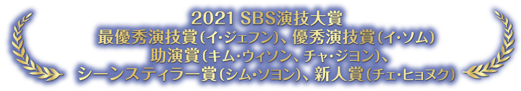 「2021 SBS演技大賞　最優秀演技賞（イ・ジェフン）、優秀演技賞（イ・ソム）　助演賞（キム・ウィソン、チャ・ジヨン）、シーンスティラー賞（シム・ソヨン）、新人賞（チェ・ヒョヌク）