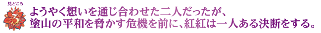 見どころ3　ようやく想いを通じ合わせた二人だったが、塗山の平和を脅かす危機を前に、紅紅は一人ある決断をする。