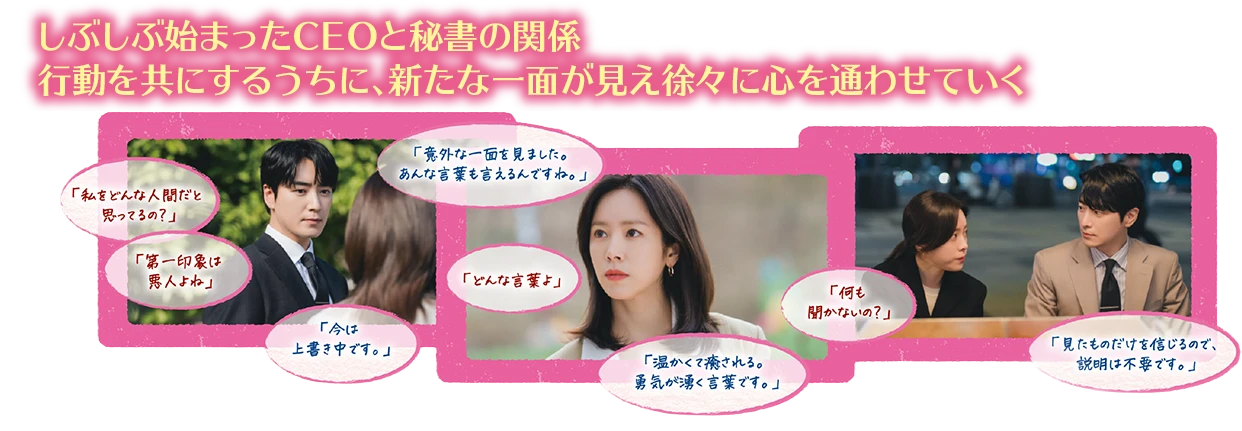 しぶしぶ始まったCEOと秘書の関係　行動を共にするうちに、新たな一面が見え徐々に心を通わせていく